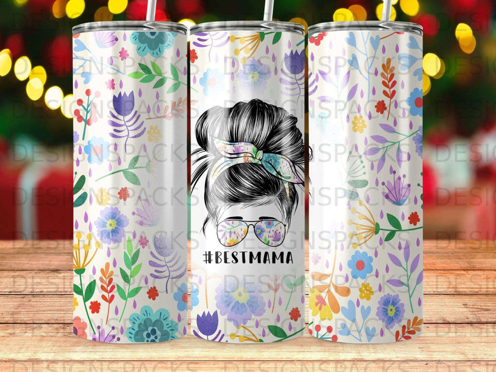 Tumbler with floral pattern and #BESTMAMA text in bun hairstyle.