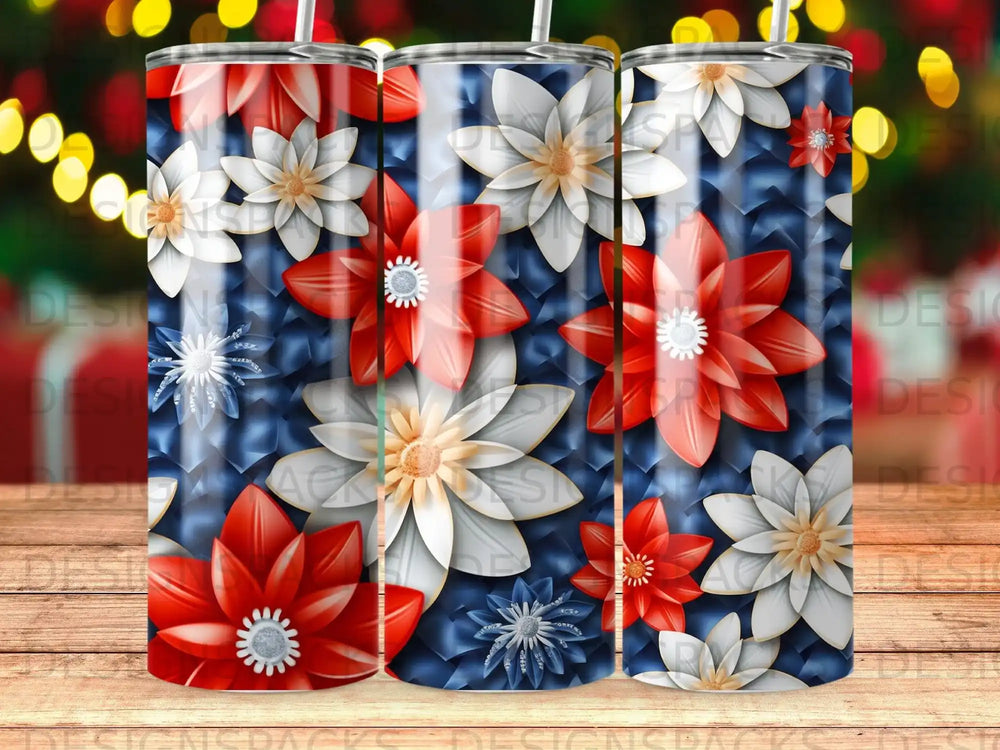 Red, white, and blue flowers on a textured blue background.
