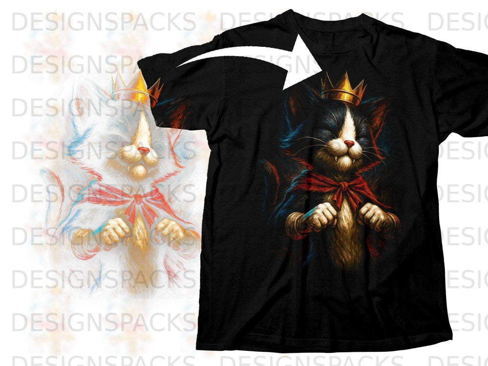 Tuxedo cat wearing crown and red bow tie, printed on a black t-shirt.