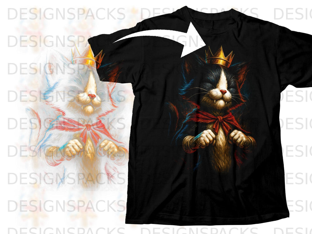 Tuxedo cat wearing crown and red bow tie, printed on a black t-shirt.
