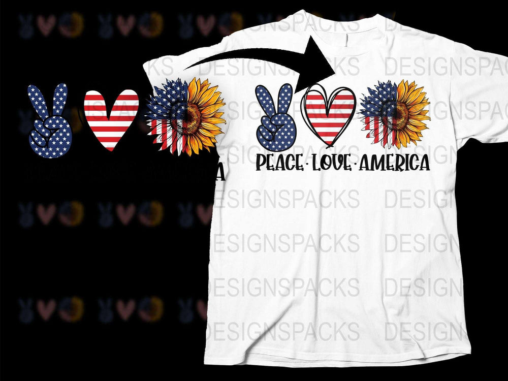 Patriotic T-Shirt USA Flag Sunflower and Hearts, Peace Love America Graphic Tee, 4th of July Shirt