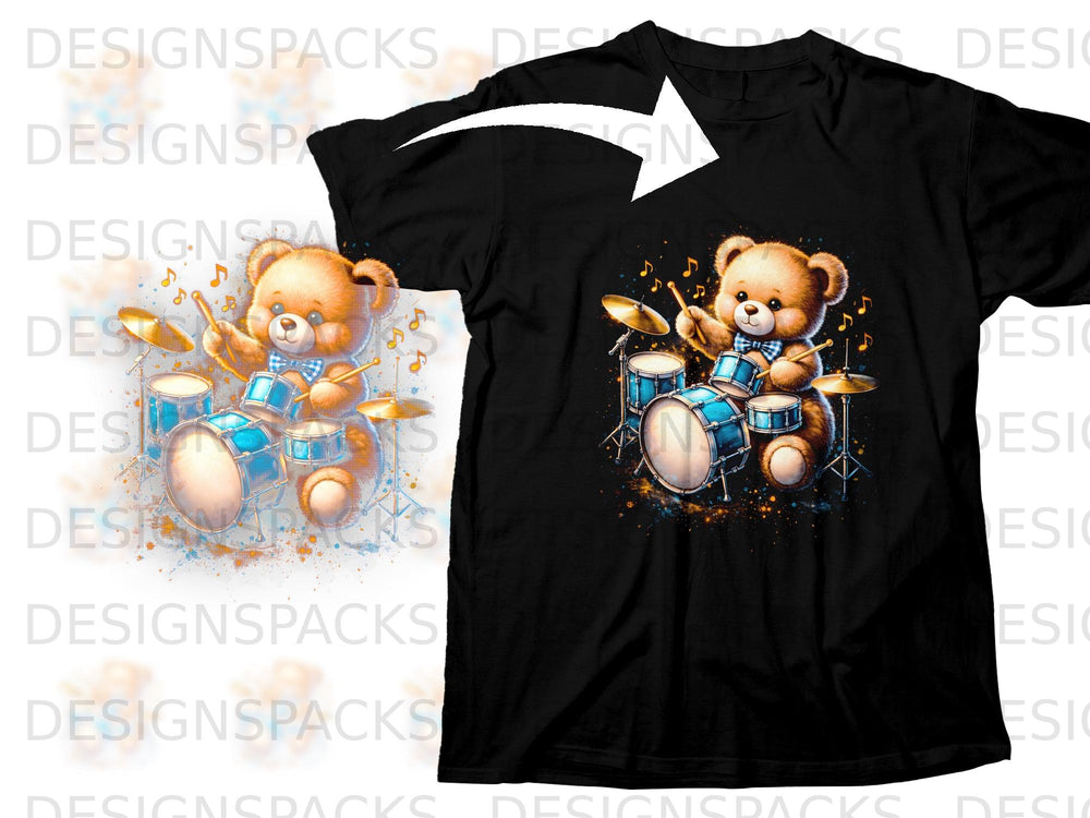 Teddy bear playing drums with musical notes on a black t-shirt.