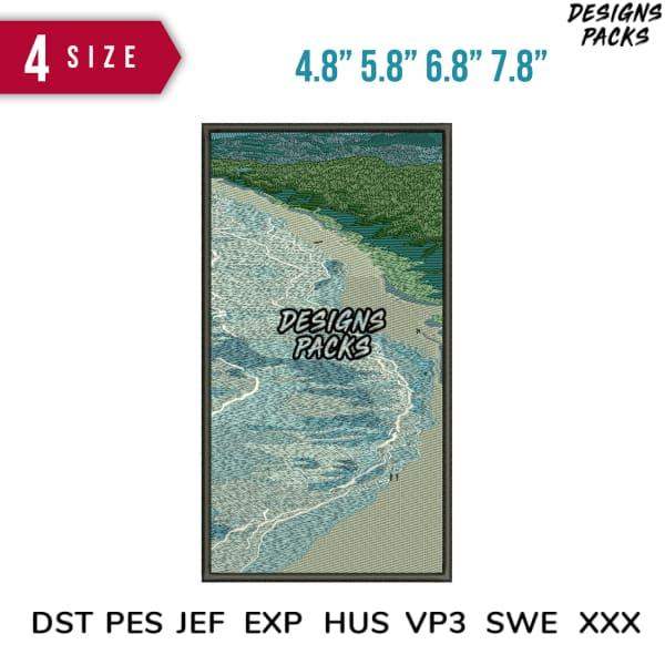 Coastal beach embroidery design in 4 sizes, compatible with DST PES JEF EXP HUS VP3 SWE formats for instant download.