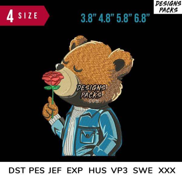 Cute embroidered teddy bear holding red rose, available in 4 sizes for embroidery designs