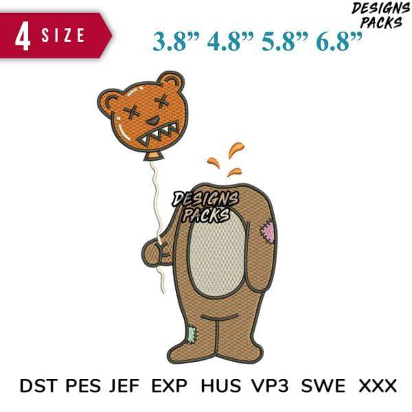 Embroidery design of a bear holding a balloon, available in multiple sizes and formats