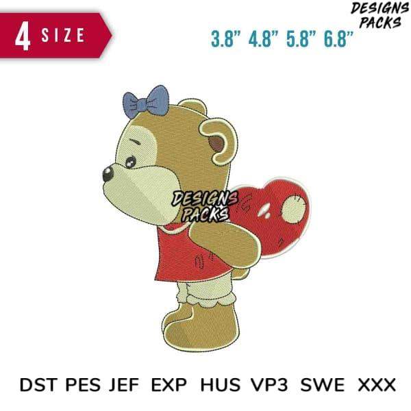 Cute teddy bear embroidery design with heart, 4 sizes, DST PES JEF formats for instant download