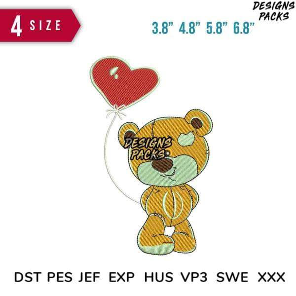Cute teddy bear holding red heart balloon, embroidery design in multiple sizes and formats