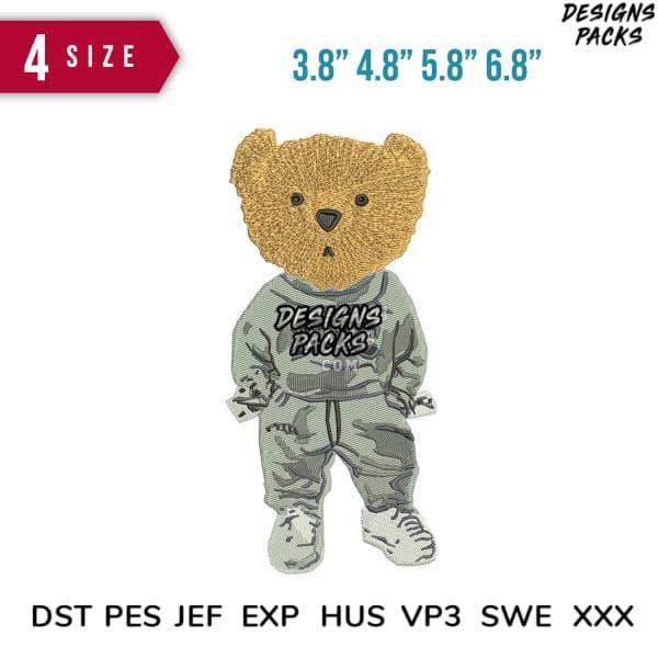 Cute teddy bear in camo outfit, embroidery design available in 4 sizes & multiple formats