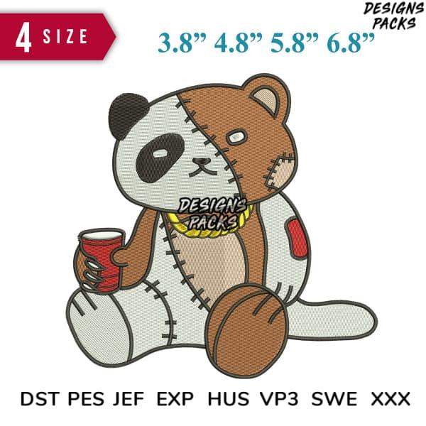 Stitched panda-bear design holding cup, available in 4 sizes for embroidery & DTG, print-ready formats