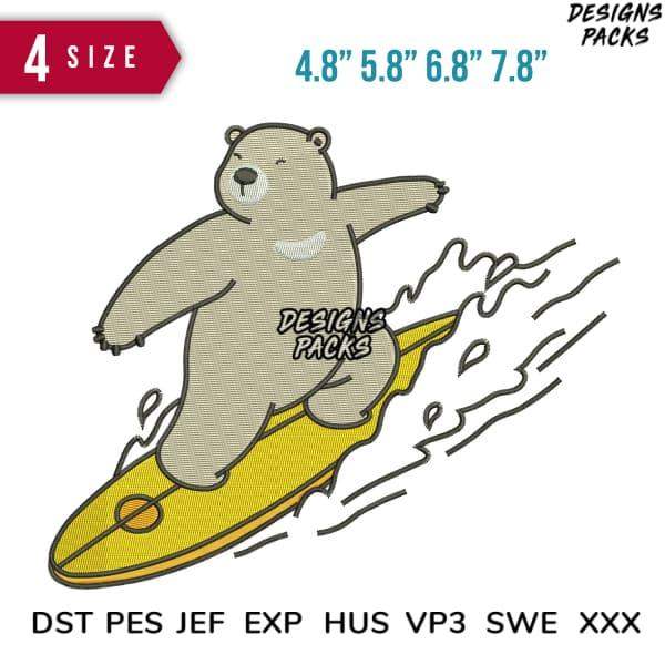 Cute bear surfing on yellow board, embroidery design in DST PES JEF formats, 4 sizes available