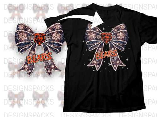 Chicago Bears Rhinestone Bow T-Shirt, Bling Football Fan Tee, Sparkly Team Logo Apparel, Women's Sports Fashion Shirt