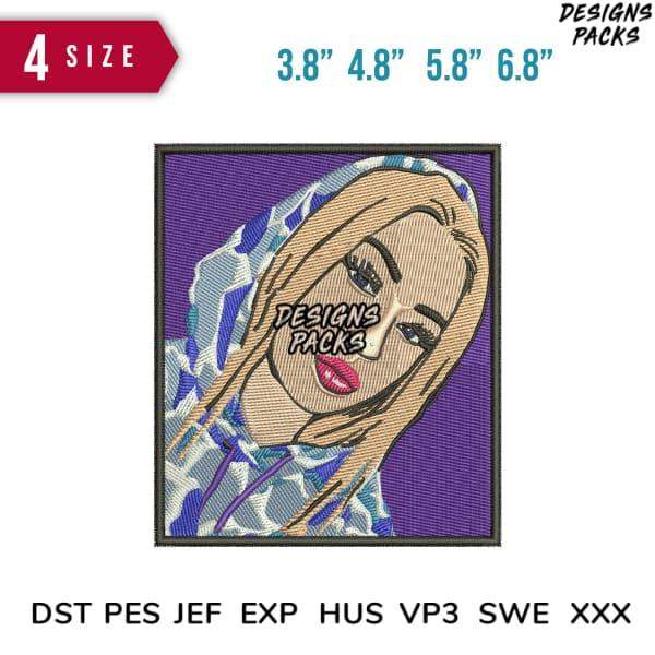 Embroidery design of woman with blonde hair and blue patterned hood, available in 4 sizes, DST PES JEF formats