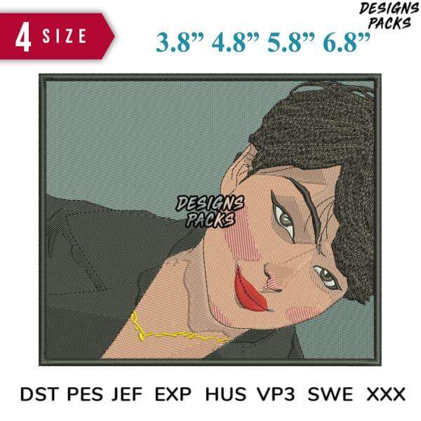 Embroidery design of woman with red lips, available in 4 sizes, DST PES formats