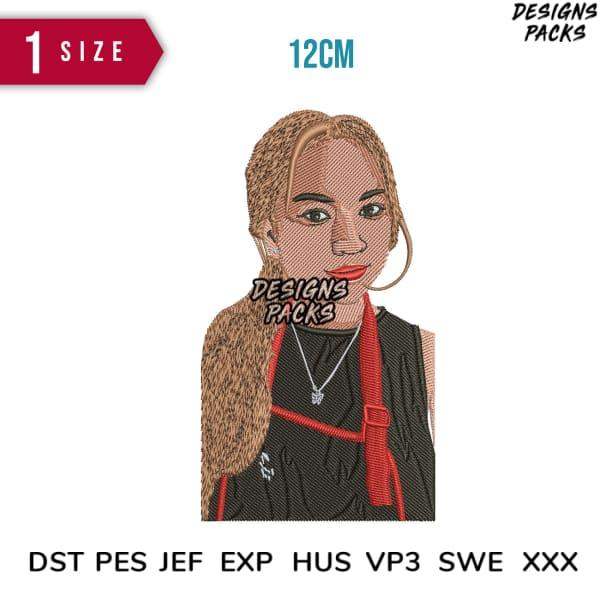 Embroidery design of woman with braided hair, 12cm size, PES DST formats, print-ready for apparel