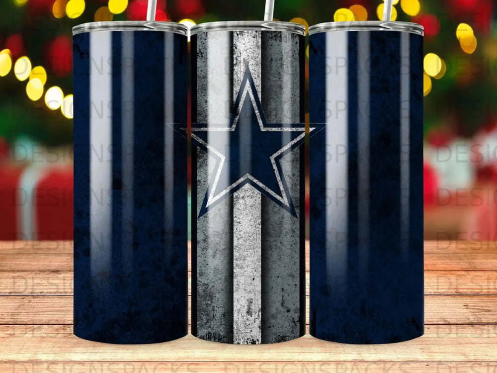 Dallas Cowboys star logo on a distressed navy blue tumbler.