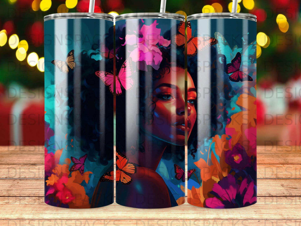 Woman with vibrant butterflies and floral accents.