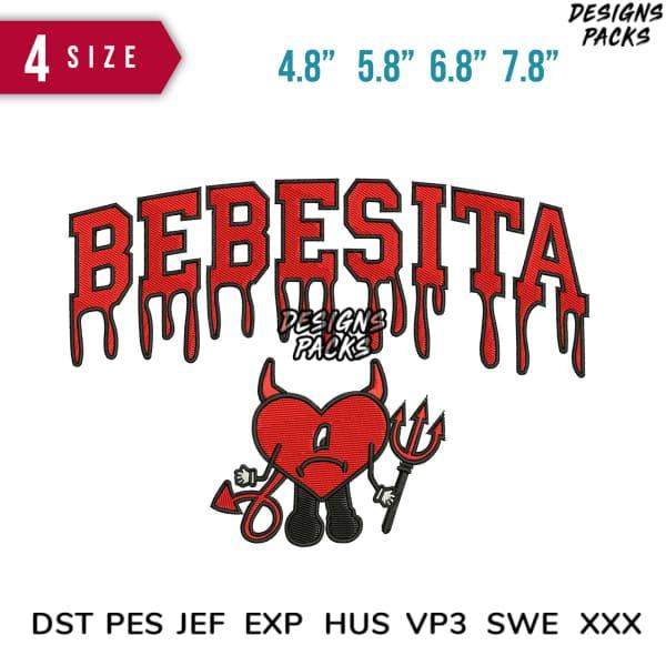 Bebesita devil heart embroidery design in 4 sizes, DTF/DTG print-ready, DST PES formats included