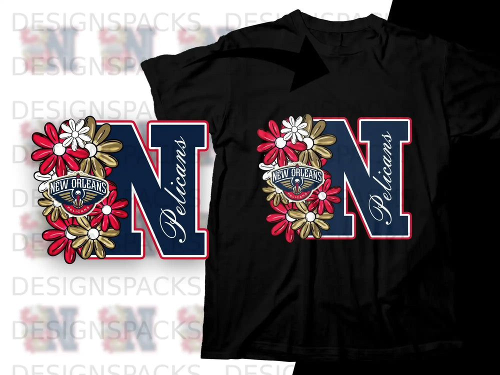 New Orleans Pelicans logo with floral accents on a black t-shirt.