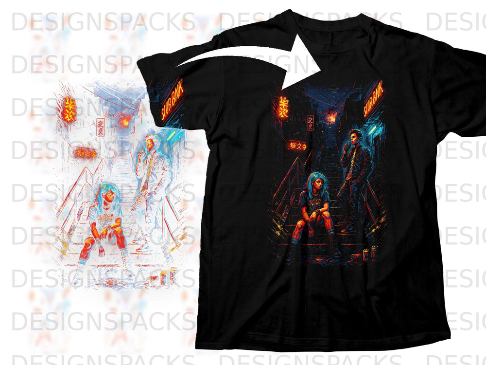 Black t-shirt with cyberpunk art of people on stairs and neon Asian-style signs.