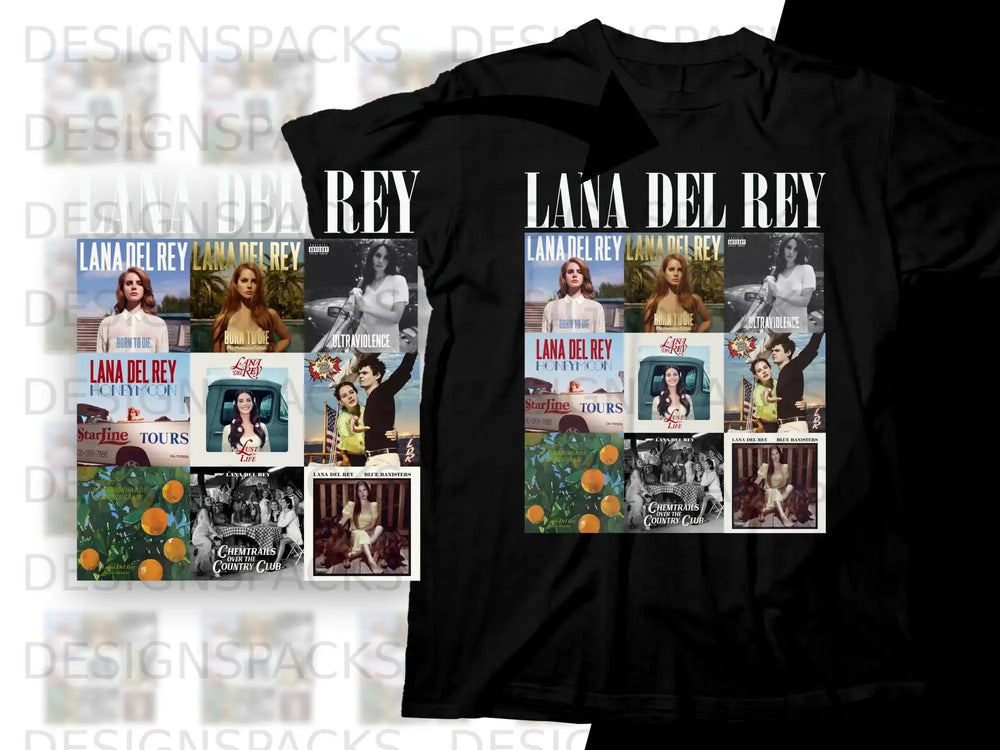 Lana Del Rey album art collage on a black t-shirt.