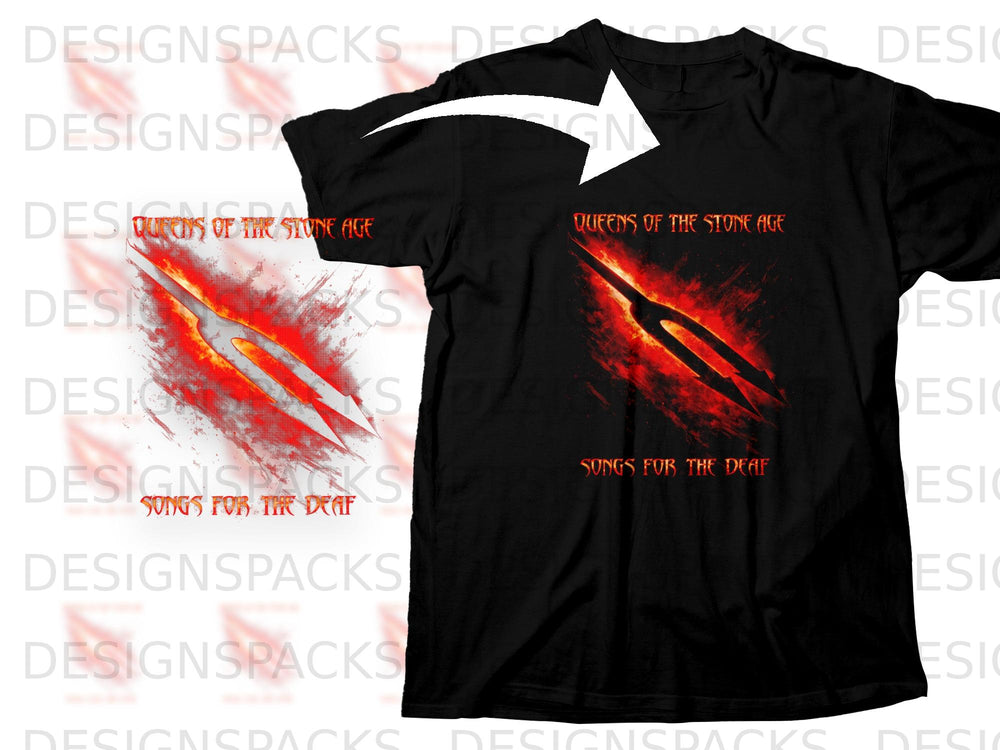 Black t-shirt with Queens of the Stone Age logo and "Songs for the Deaf" text.