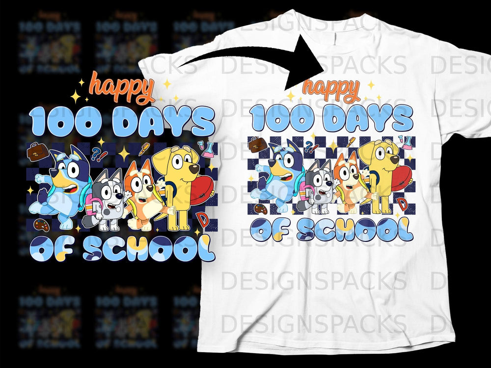 Bluey and friends celebrate "Happy 100 Days of School" with backpacks and school supplies.