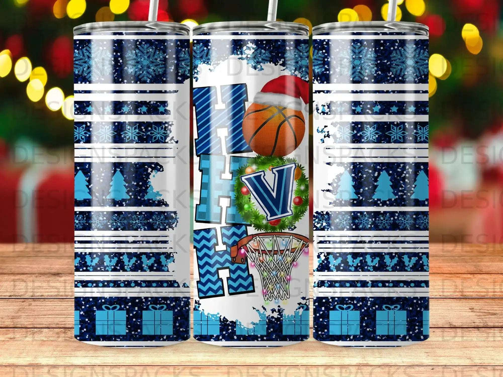 Blue and white snowflake tumbler with "HV" monogram and basketball net.