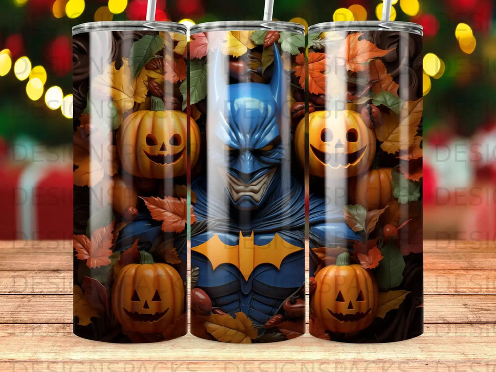 Batman surrounded by jack-o'-lanterns and autumn leaves.