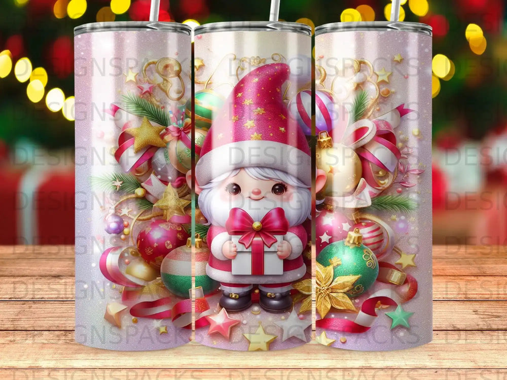 Christmas gnome holding gift, surrounded by festive ornaments and glittery decorations.