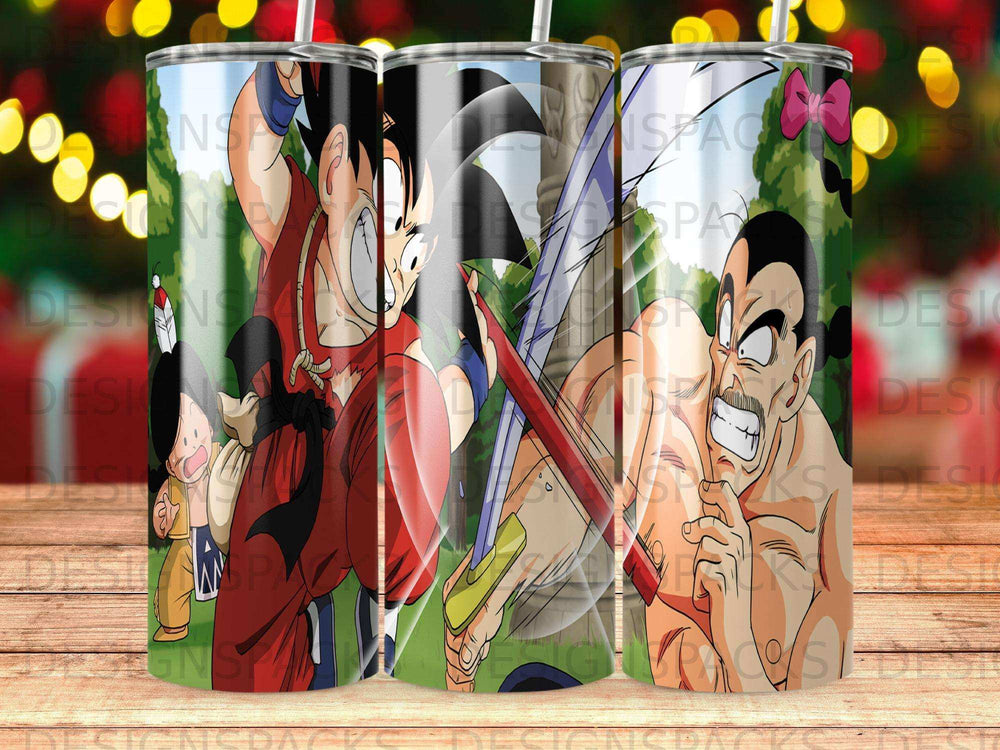 Dragon Ball Z characters Goku, Gohan, and Vegeta in action poses on a tumbler.