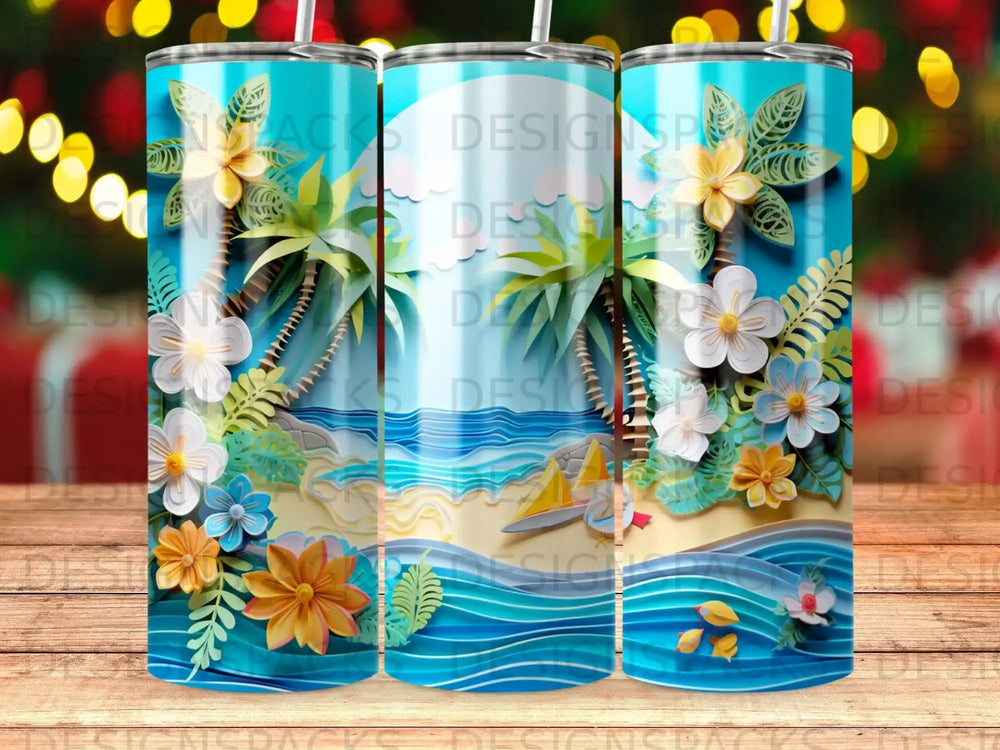 Tropical beach scene with palm trees, flowers, and a sailboat on a blue ocean.