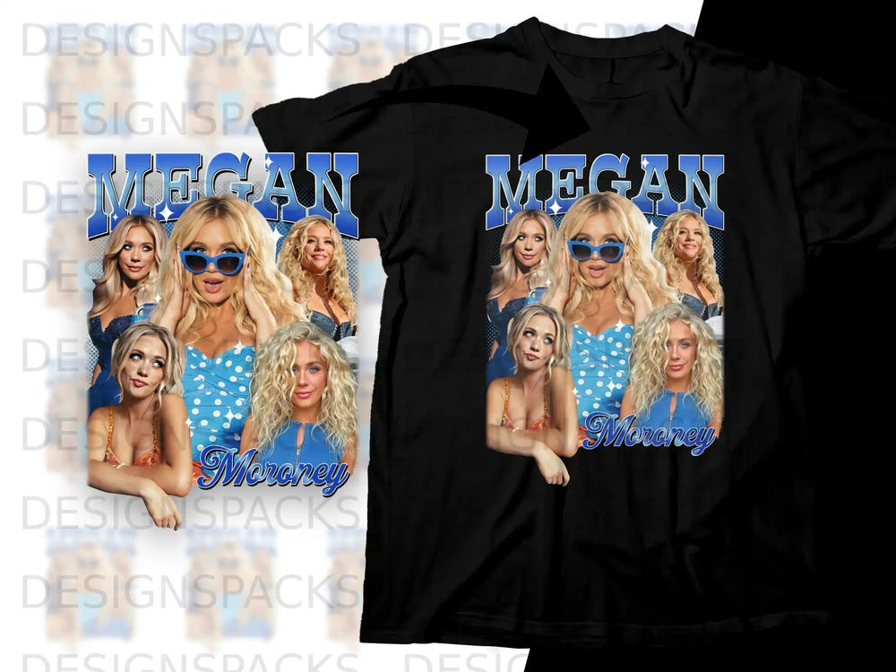 T-shirt with collages of Megan Moroney singing and posing, in blue and white outfits.