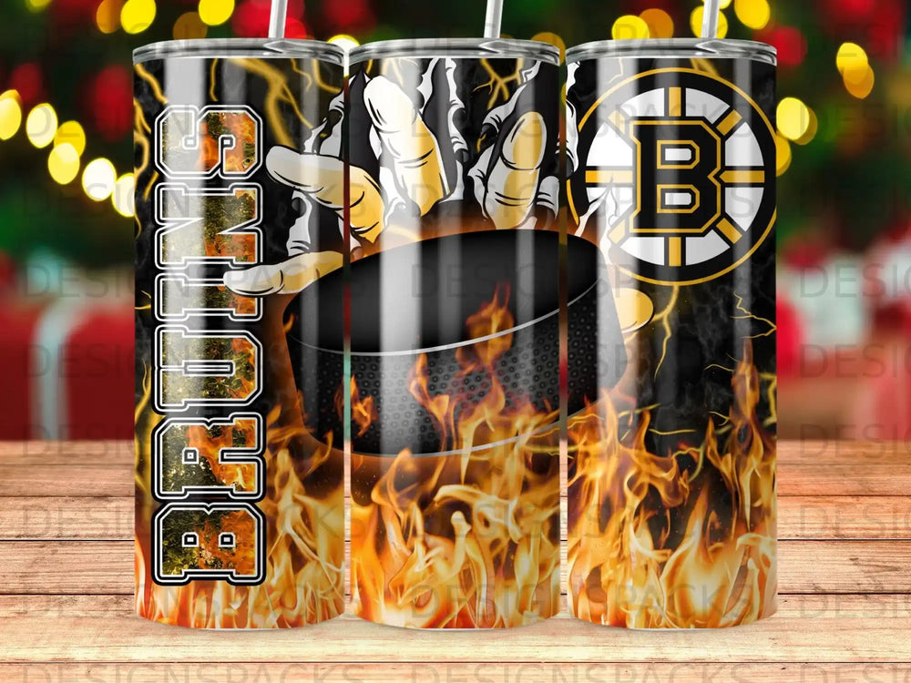 Boston Bruins hockey puck and flames tumbler design.