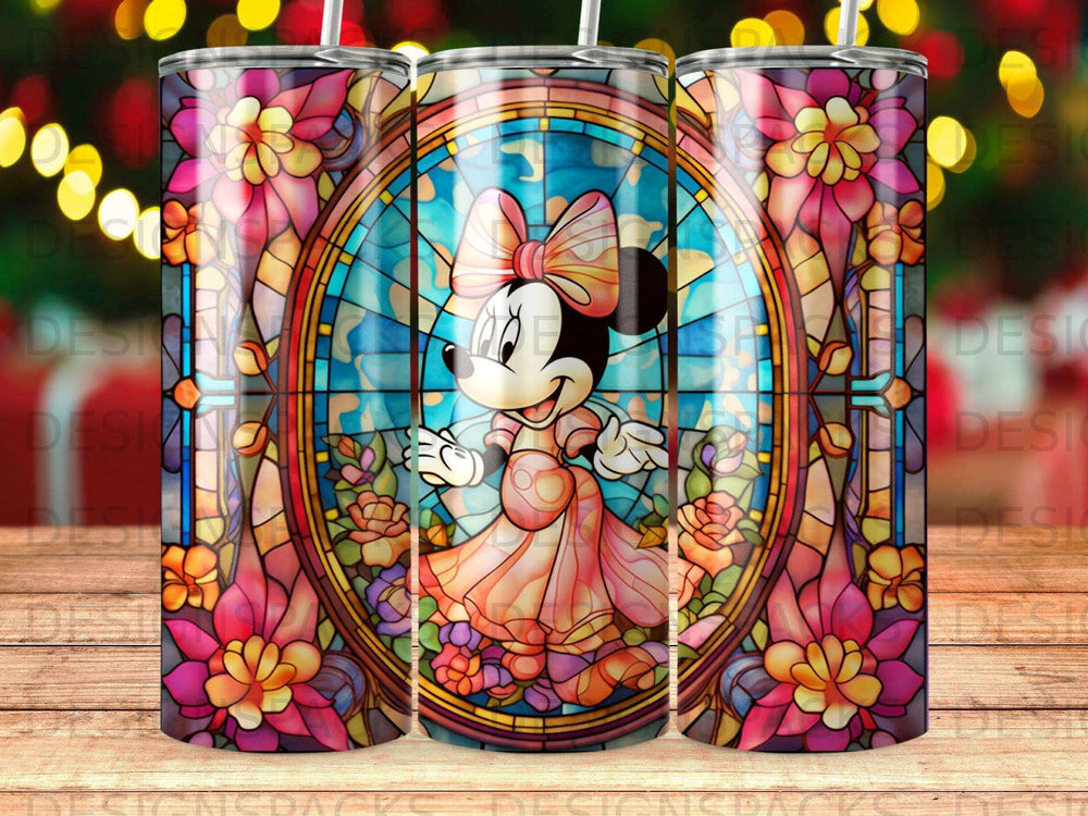 Minnie Mouse in a pink dress against a stained-glass floral background.