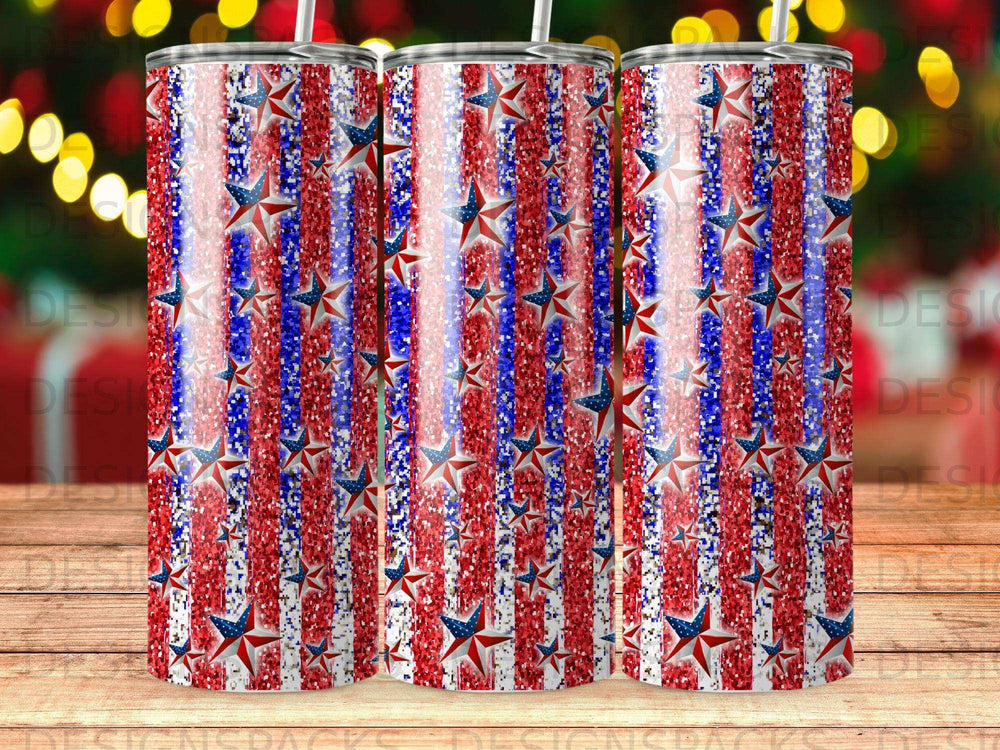 Three tumblers with red, white, and blue glitter and star patterns.