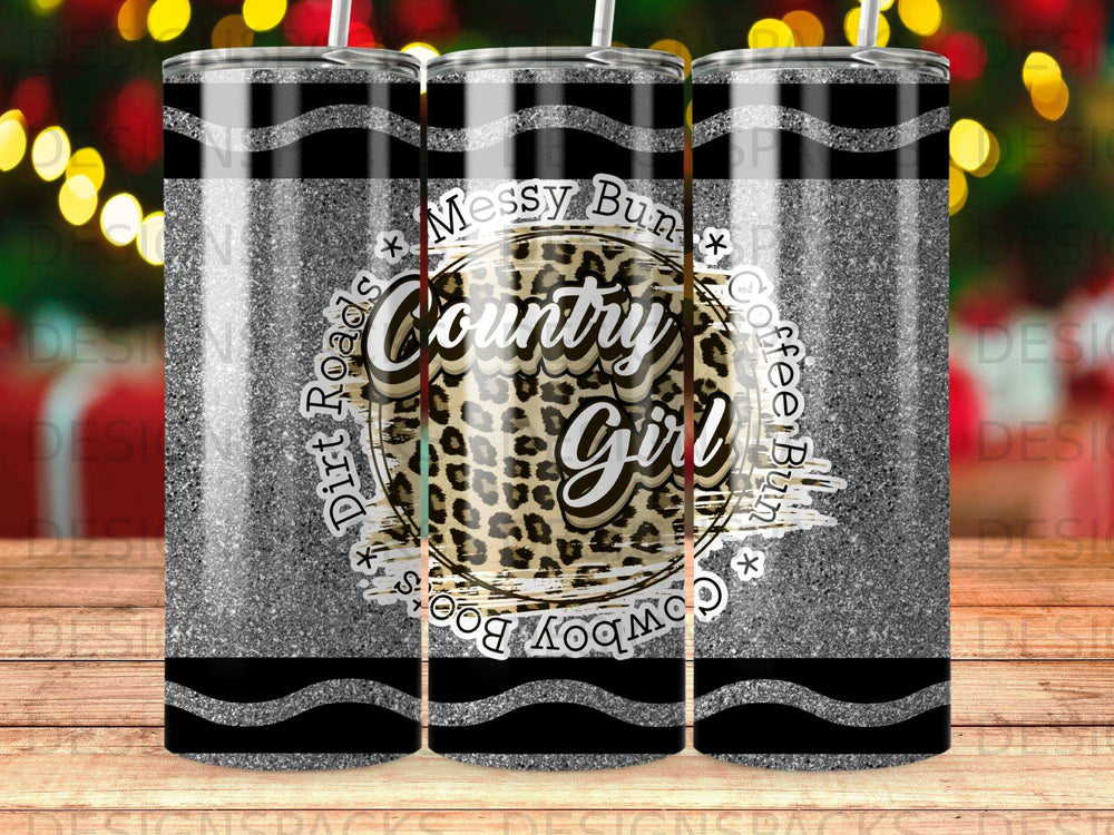 "Country Girl" tumbler with glittery black and silver stripes, leopard print, and distressed text.