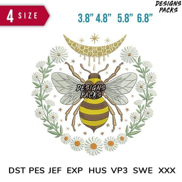 Bee embroidery design with daisies and honeycomb, available in PES, DST, JEF formats for instant download.
