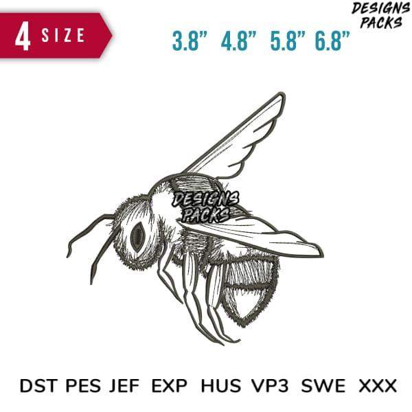 Sketch-style bee embroidery design in 4 sizes, compatible with DST PES JEF EXP HUS VP3 SWE formats for instant download.