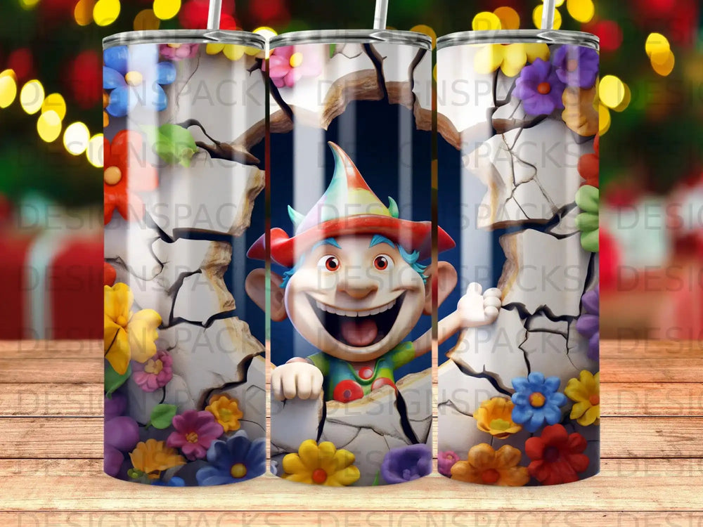 Smiling cartoon elf with colorful flowers and cracked wall design.