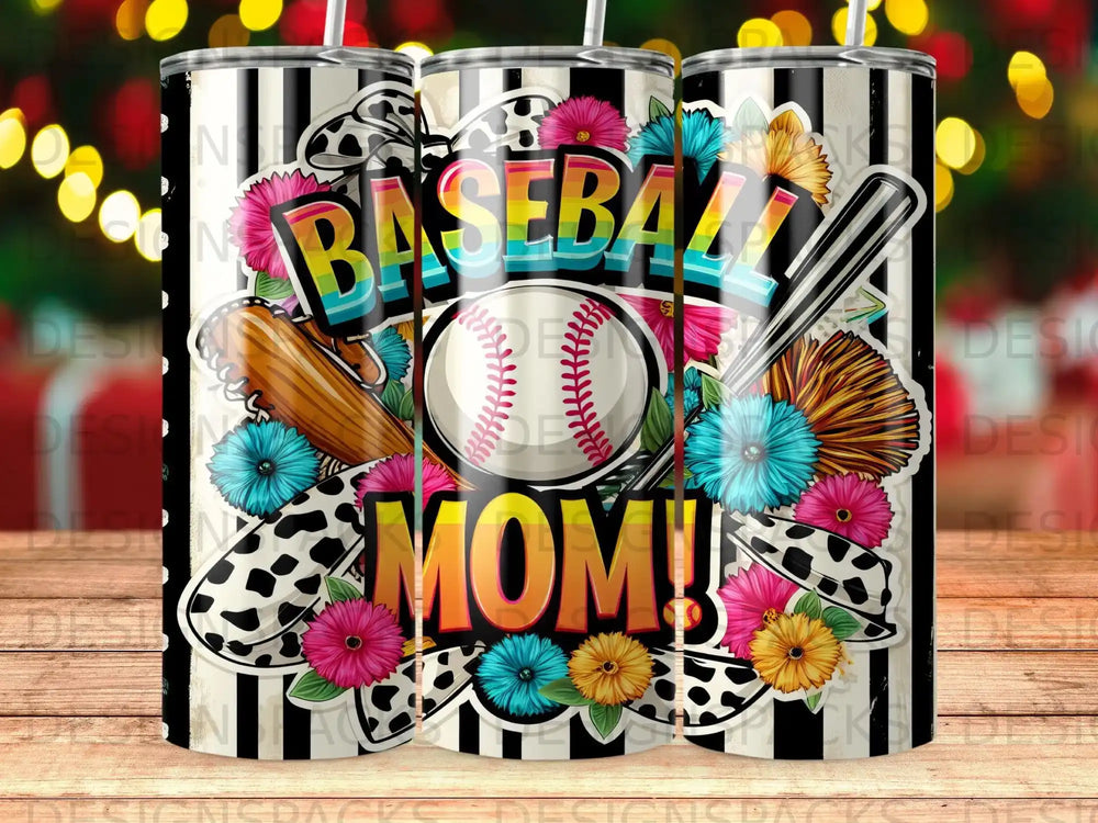 Baseball Mom tumbler with baseball bat, ball, and colorful flowers.