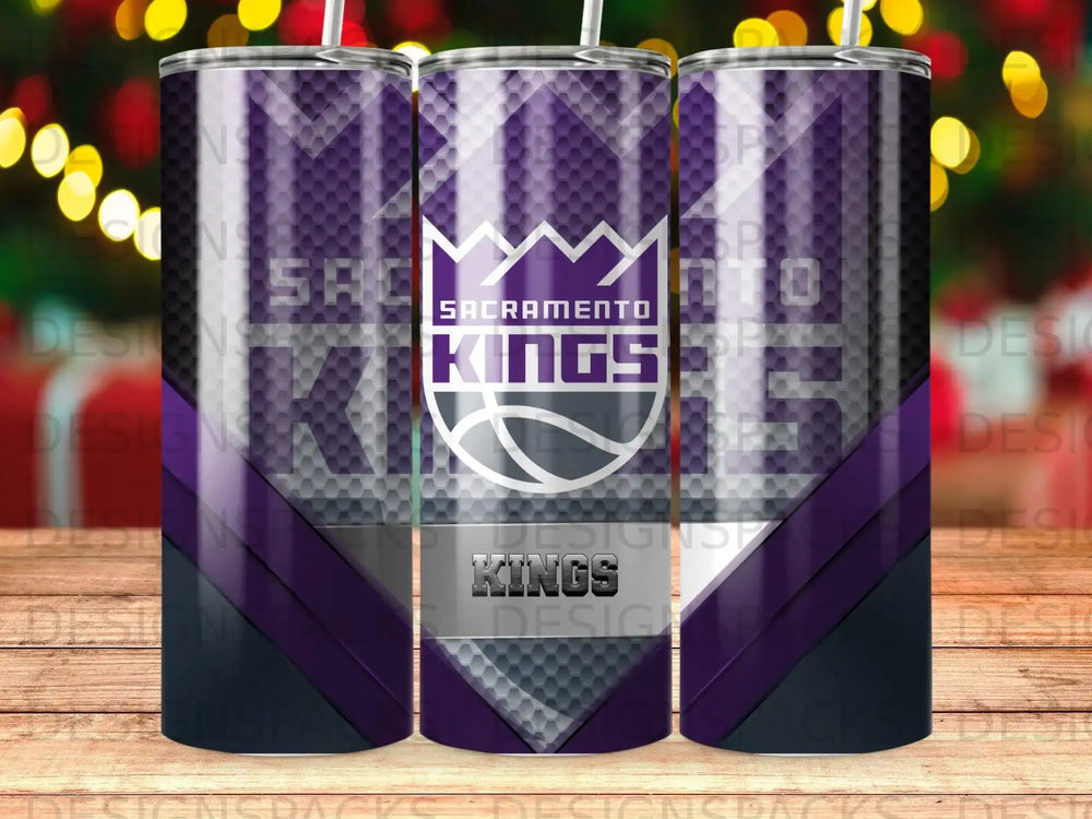 Sacramento Kings NBA team logo on a purple and silver tumbler.