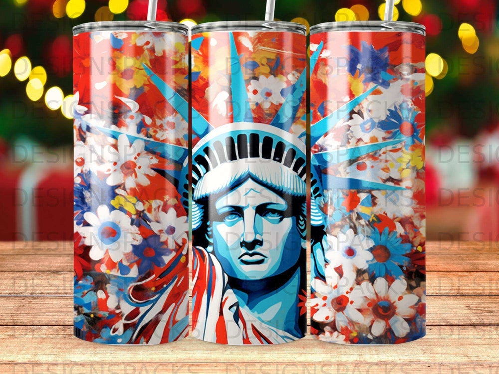 Statue of Liberty with colorful floral patriotic design on a tumbler.