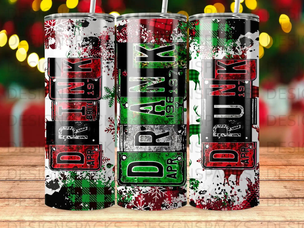 Three tumblers with "DRINK", "DRANK", and "DRUNK" in distressed lettering, featuring plaid and deer patterns.