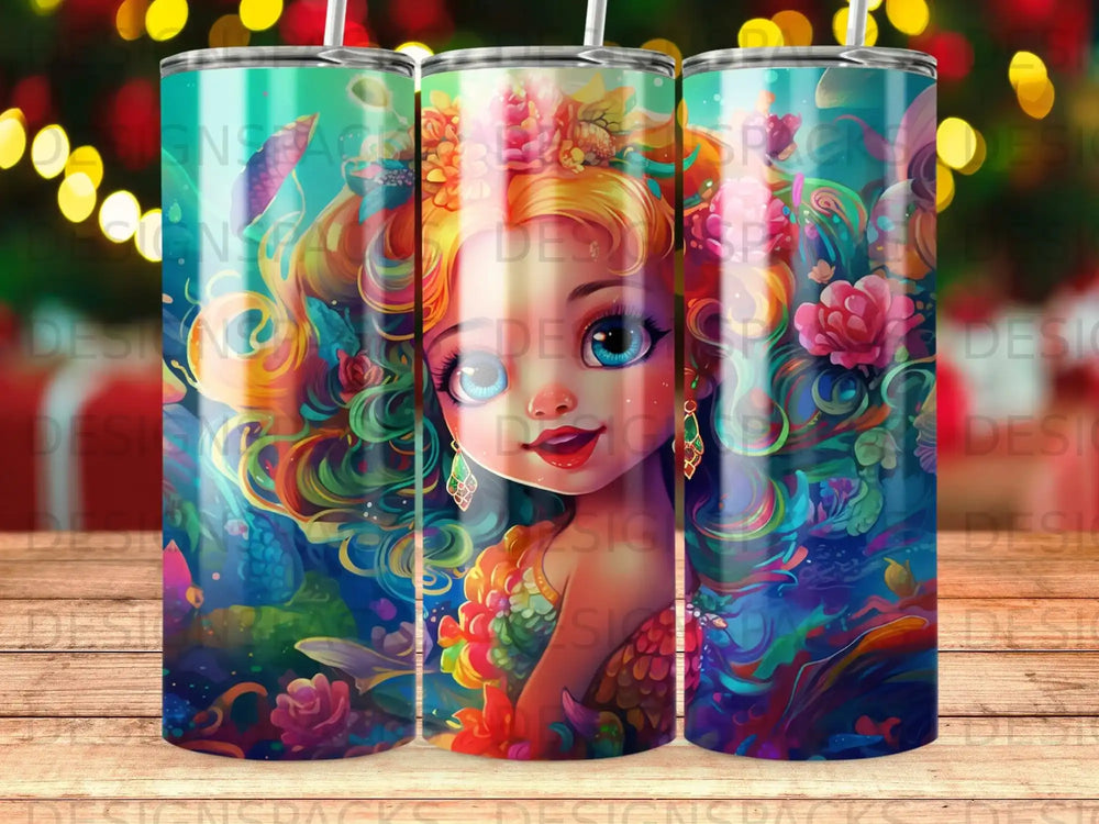 Fantasy mermaid with bright blue eyes surrounded by colorful underwater flora and fauna.