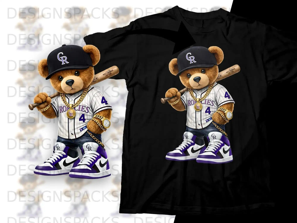 Teddy bear wearing Rockies jersey and Jordan sneakers, holding a baseball bat.
