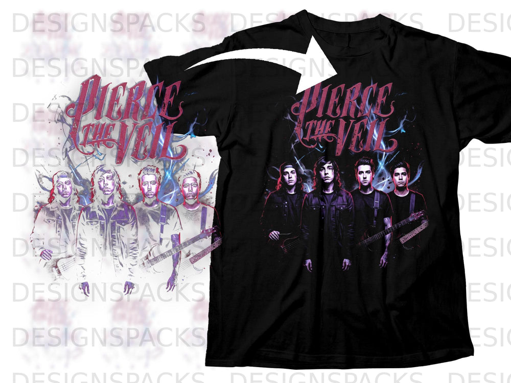 Pierce The Veil band members on a black t-shirt with red and blue graphics.