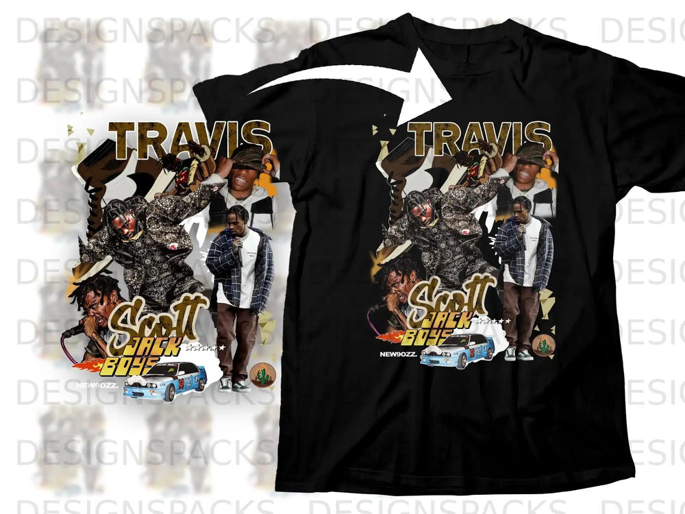 Black t-shirt with Travis Scott artwork featuring the rapper, a car, and text.