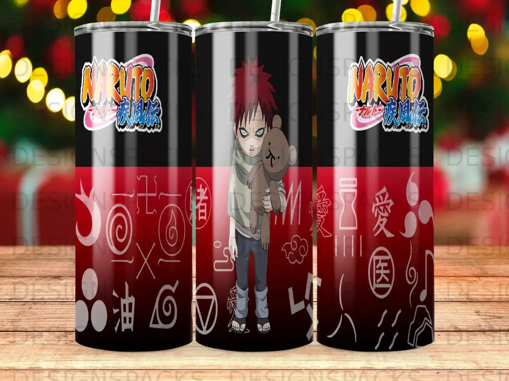 Naruto Gaara and Shukaku artwork on a black tumbler with Japanese symbols.