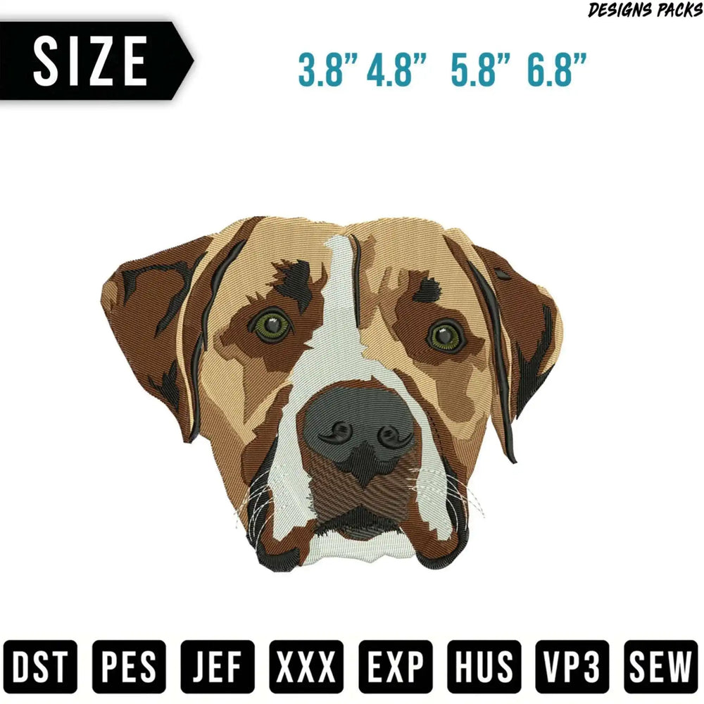 Embroidery design of a dog's head with size and file format options.