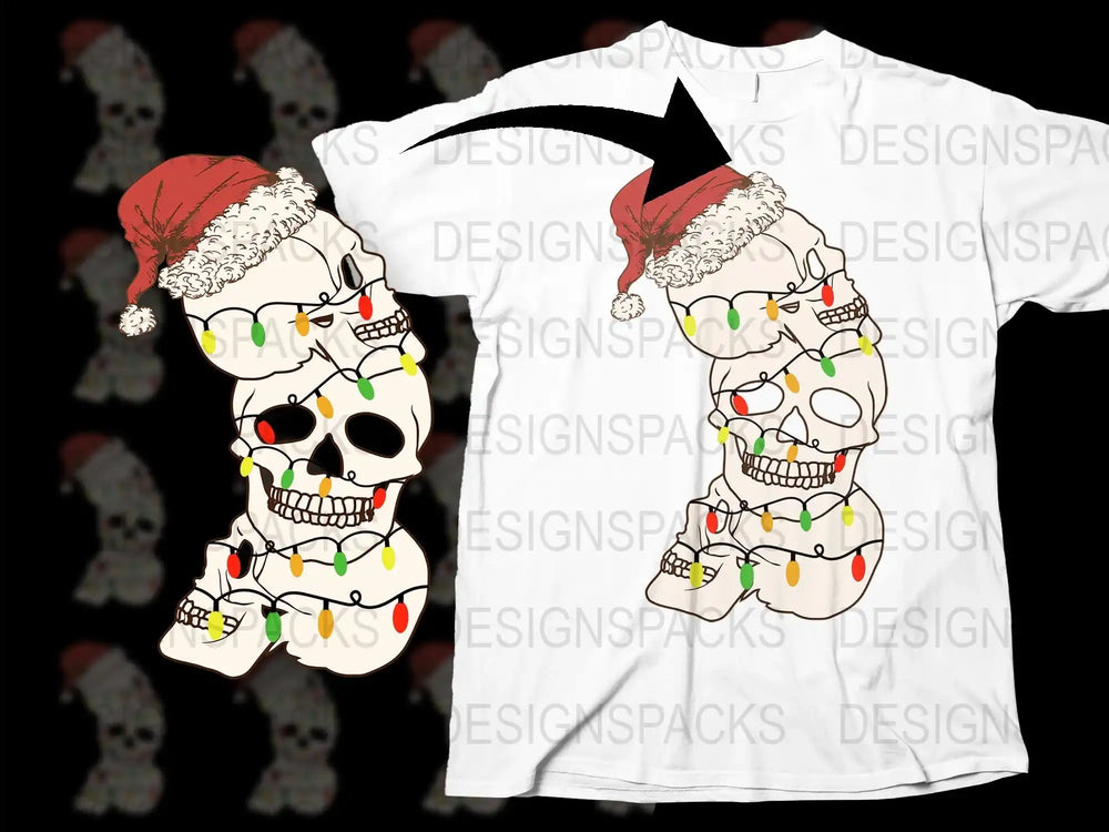 Christmas Skull T-Shirt, Santa Hat Design, Holiday Lights, Festive Graphic Tee, Unisex Fashion Clothing